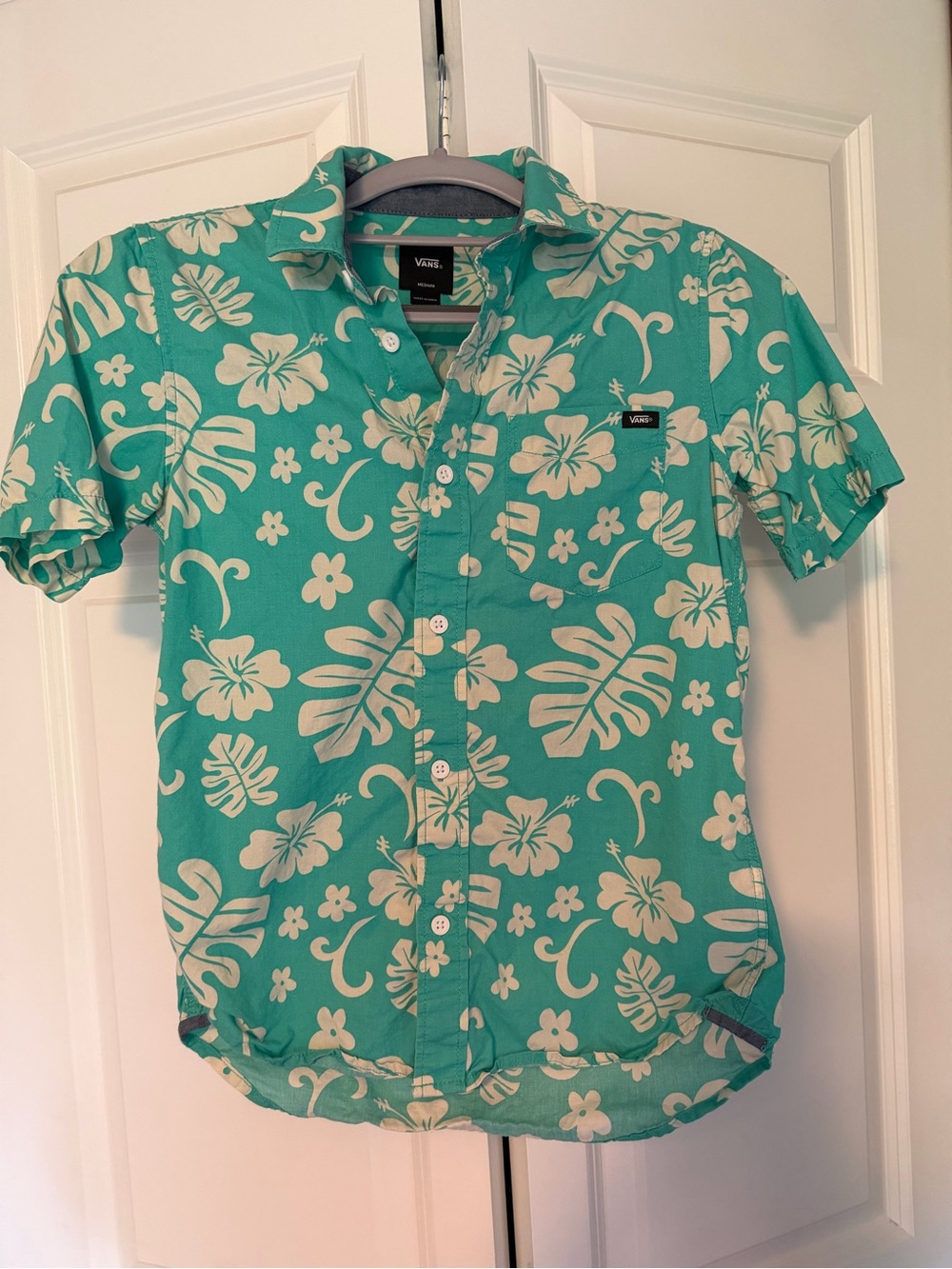 Vans Teal Short-Sleeve Floral Button-Up Shirt, Boys Size Medium